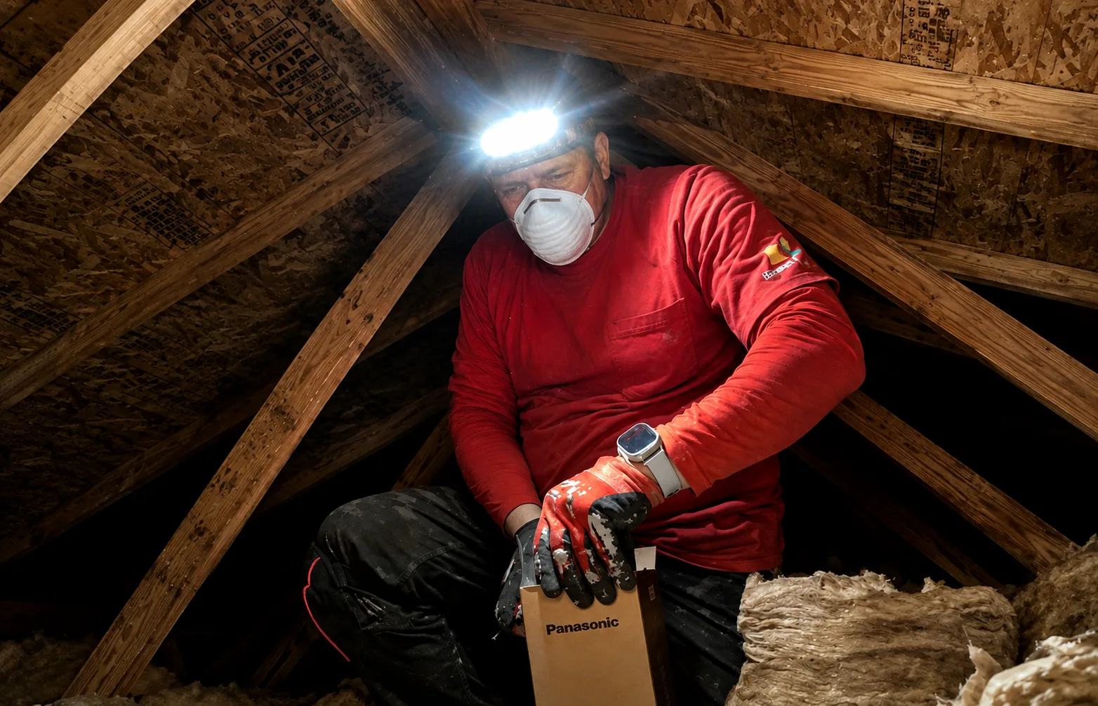 Eric Gans working in an attic during a field inspection