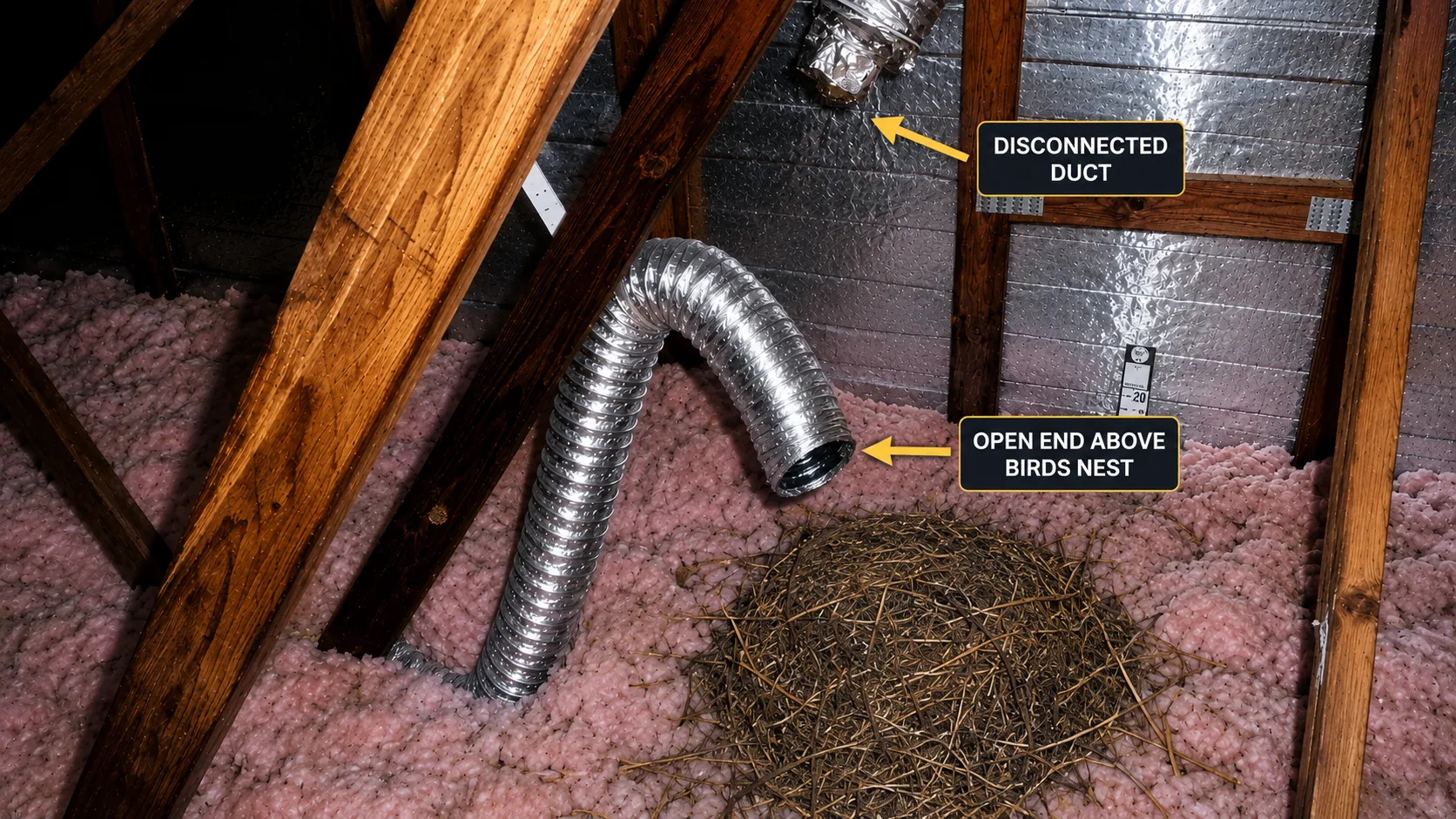 Nesting debris discovered inside a compromised bathroom exhaust duct