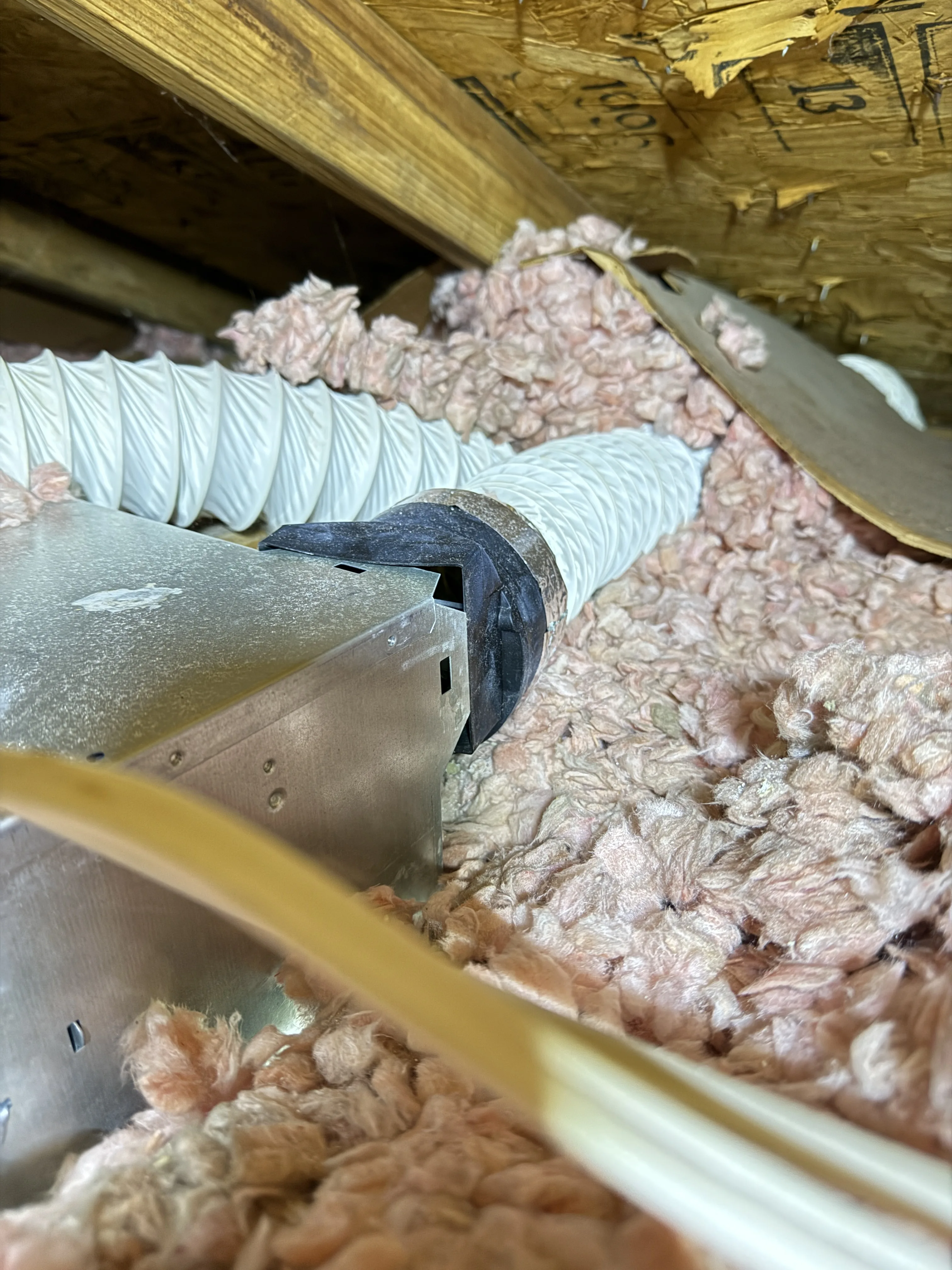 Disconnected bathroom exhaust fan duct found in an attic