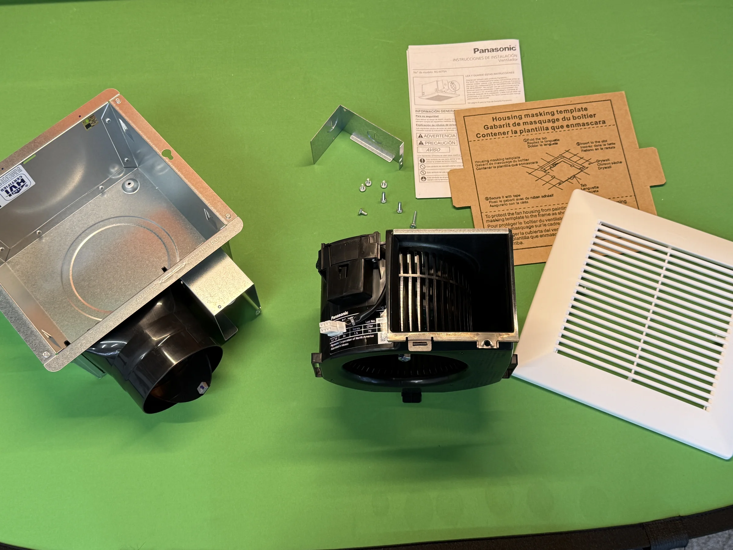 Panasonic Whisper Mighty RG-M79A housing, motor, grille, hardware, and instructions